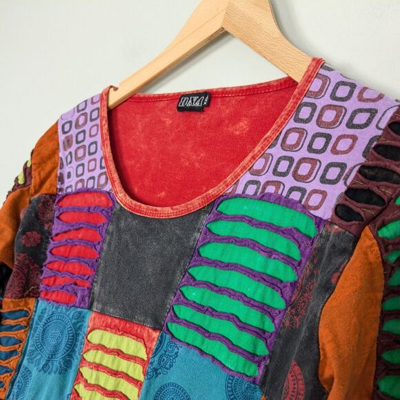Patchwork Tunic Top L Multi Boho Hippie Colorful Eclectic Y2K Indie Red Blue - Picture 6 of 10